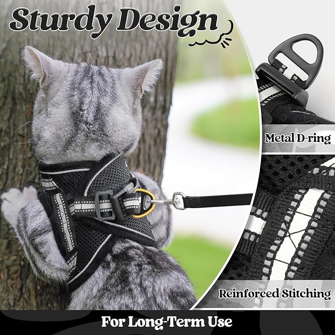 rabbitgoo Cat Harness and Leash Set for Walking Escape Proof, Adjustable Soft Kittens Vest with Reflective Strip for Cats, Comfortable Outdoor Vest, Black, L