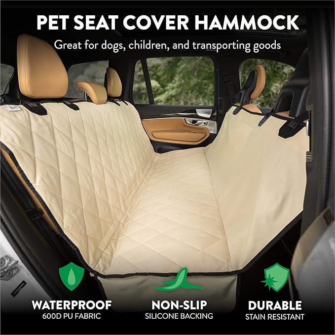Plush Paws Products Premium Rear Car Seat Protector w/ Hammock | Washable & Waterproof Back Seat Dog Cover for Car, Truck, & SUV | Nonslip, Tear Resistant Pet Seat Cover | Small Tan