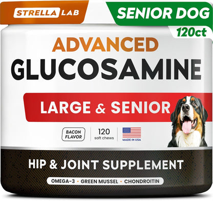 STRELLALAB Senior Advanced Glucosamine Joint Supplement for Dogs - Green Lipped Mussel & Collagen - Large Breeds - Hip & Joint Health - Bacon Flavor - 120 Chews