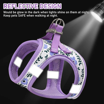 GAMUDA Small Dog Harness Collar and Leash Set, Step in No Chock No Pull Soft Mesh Adjustable Dog Vest Harnesses Plaid Reflective for Dogs Puppy Cats Kitten Rabbit (Purple Flower, XXXS)