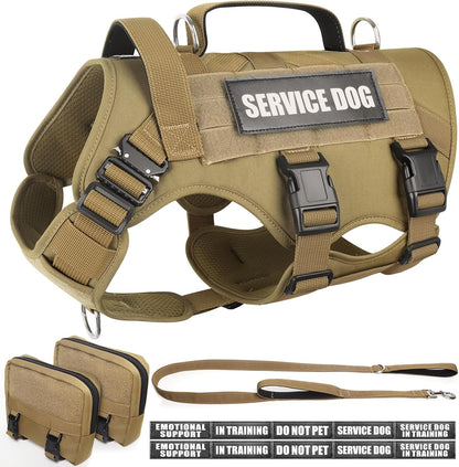 WINSEE Tactical Dog Harness with Dog Leash, Service Working MOLLE Vest with 10 Pet Patches for Large Dog, No Pull Military Harness and Backpack for Training Hunting Walking