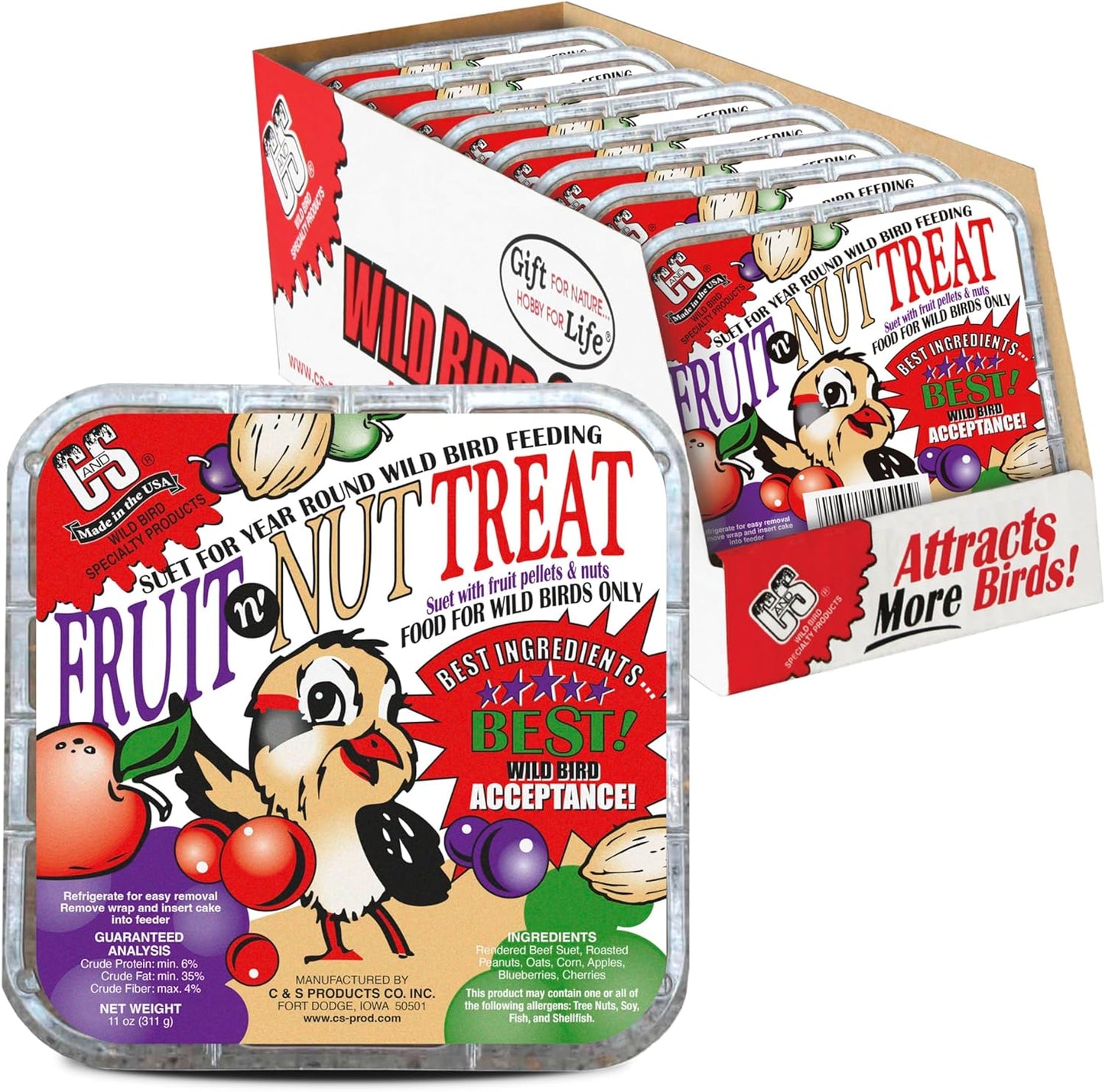 C&S Fruit n’ Nut Suet Treat, Suet Cakes for Wild Birds Including Robins, Blue Jays, Bluebirds, Tanagers, Thrushes and More, 8 Pack