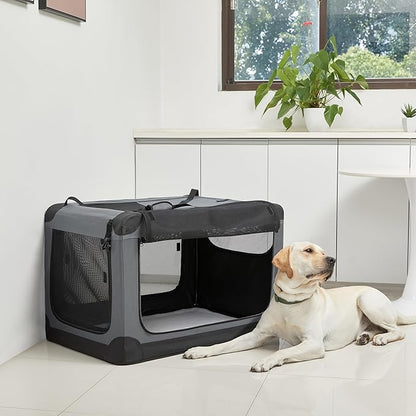 Amazon Basics 4-Doors Portable Soft-Sided Folding Travel Crate Kennel for cat, Dog, and Other Small Animals, Grey, L 36" x 24" x 24"