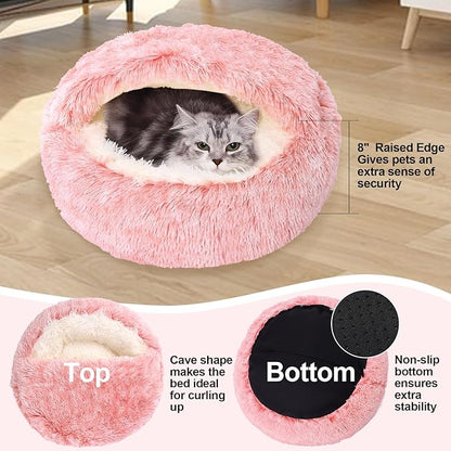 Calming Dog Beds & Cat Cave Bed with Hooded Cover,Removable Washable Round Beds for Small Medium Pets,Anti-Slip Faux Fur Fluffy Coved Bed for Improved Sleep,Fits up to 15/25 lbs(Bean Mush,S)