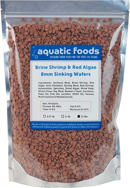 Aquatic Foods Inc. 8mm - 1/3" Brine Shrimp & Red Algae Color Enhancing Sinking Wafers for Shrimp, Snails, Crabs, Plecos, Catfish. Bottom and All Tropical Fish...WL…2-lbs Foil Pouch Bag