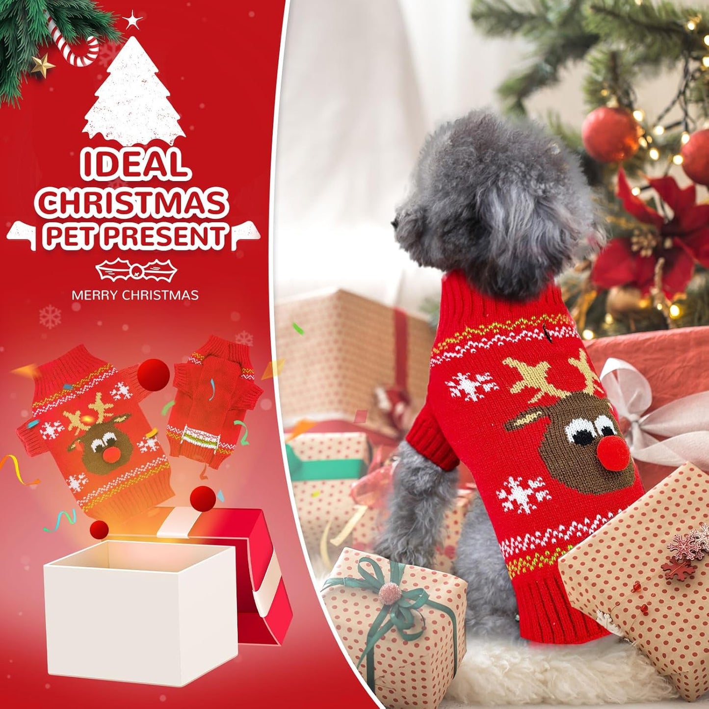 PETCARE Dog Christmas Sweater Red Ugly Funny Cute Cartoon Reindeer Cat Sweaters Jumper Holiday Dog Clothes Puppy Sweaters for Small Medium Large Dogs Fall Winter Outfits Xmas Dogs Costume,X-Small