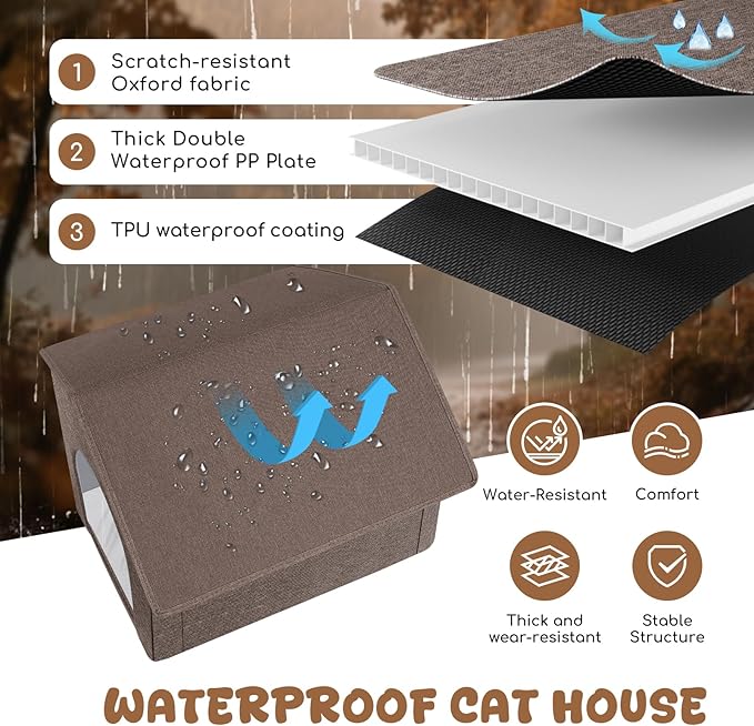 Outdoor Cat House Weatherproof, Insulated Cat Houses for Outdoor/Indoor Cats for Winter, Waterproof Feral Stray Cat Shelter with Warm Cushion and Door Curtain, Easy to Assemble, Brown