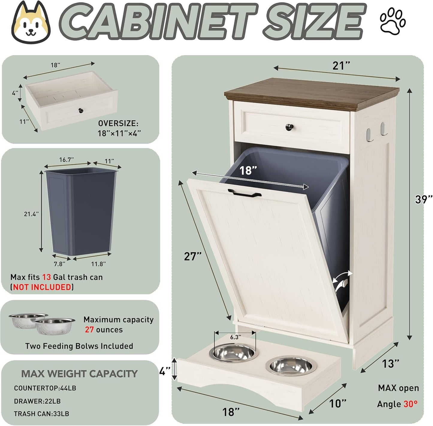 FIMELLO Dog Feeding Station, Tilt-Out Dog Food Storage Cabinet with Drawer,Pet Feeder Cabinet,White Grain