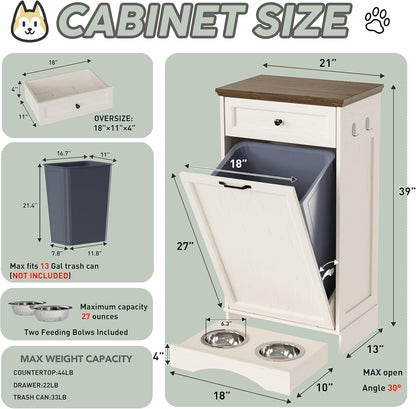 FIMELLO Dog Feeding Station, Tilt-Out Dog Food Storage Cabinet with Drawer,Pet Feeder Cabinet,White Grain