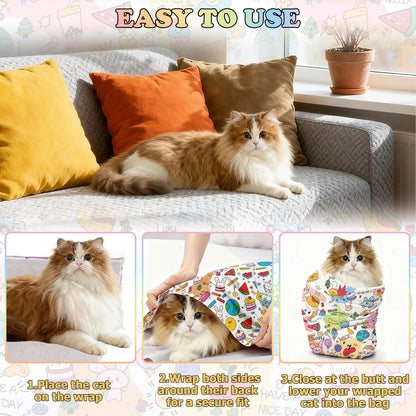 27.6" Cat Grooming Wrap for Nail Clipping Cat Swaddle Wrap (Within 15lbs) for Cutting Nails Cloth for Pet Cleaning Multifunctional Pet Tool|Utility Storage Bag|Self-Adhesive Travel Blanket