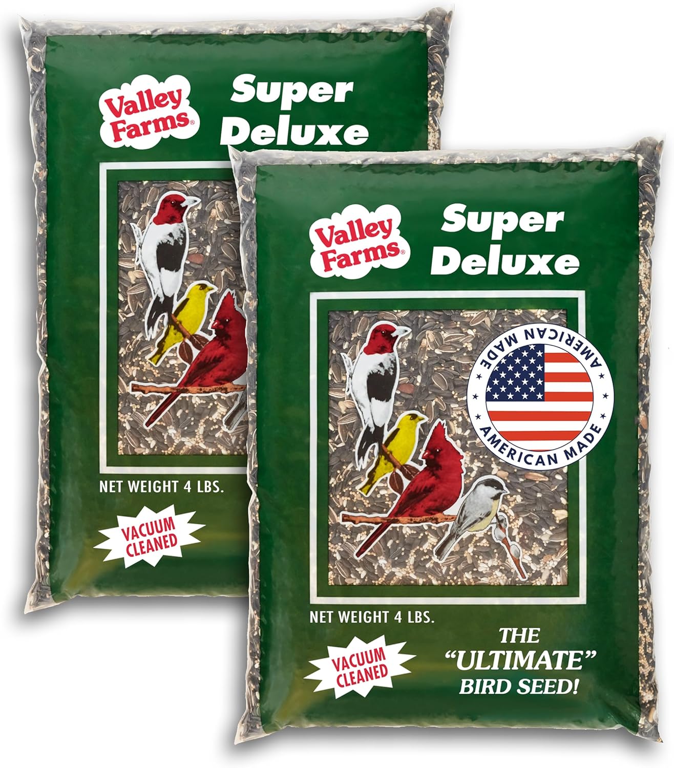 Valley Farms Super Deluxe Wild Bird Food 4 LBS (Pack of 2) for Outside feeders - 0% fillers - w/Sunflower Seed -Peanut kernels -Feed More Birds w/Less Seed