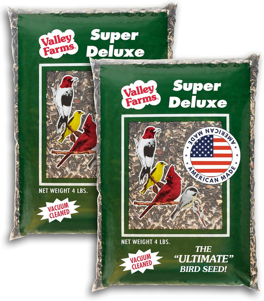 Valley Farms Super Deluxe Wild Bird Food 4 LBS (Pack of 2) for Outside feeders - 0% fillers - w/Sunflower Seed -Peanut kernels -Feed More Birds w/Less Seed