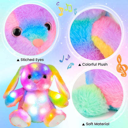 Hopearl LED Musical Stuffed Bunny Colorful Lighting Up Singing Plush Rabbit Adjustable Volume Lullaby Animated Soothe Birthday Festival for Kids Toddlers, 10''