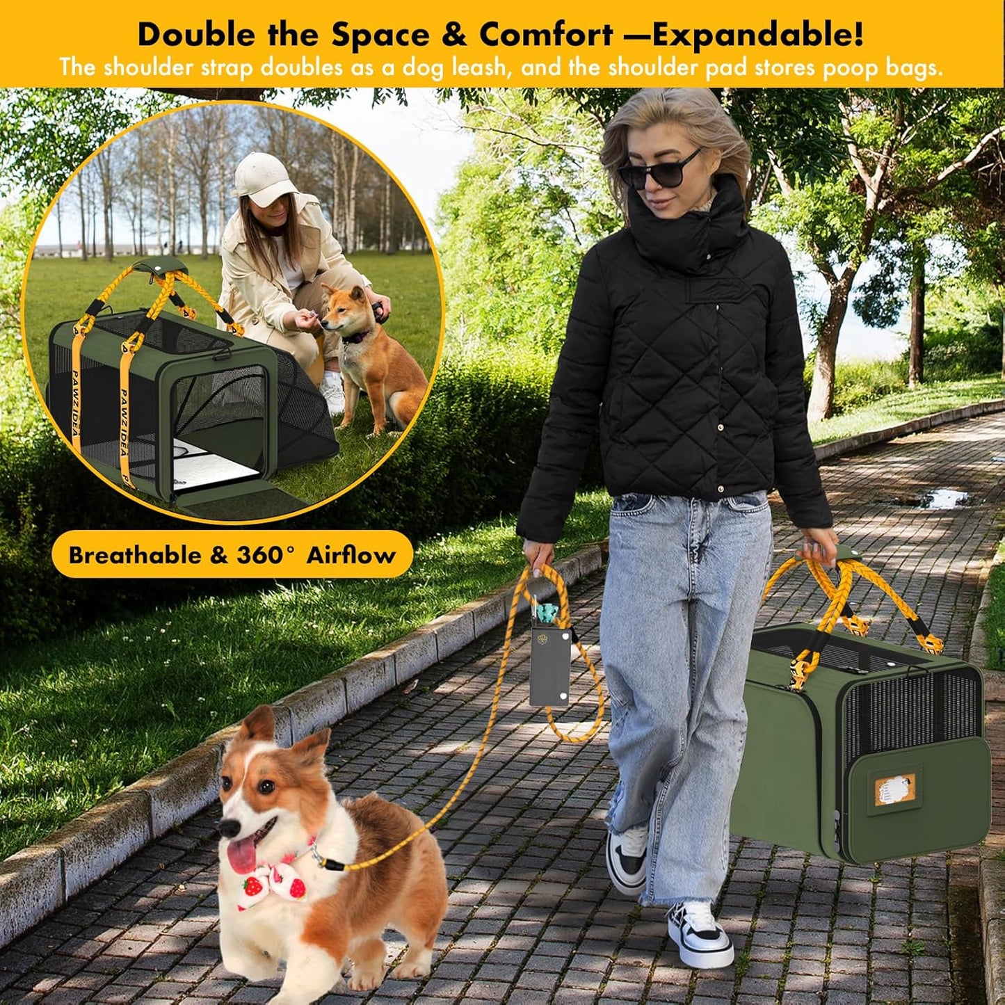 PAWZIDEA Expandable Large Pet Carrier with Wheels, 24x16x16 in Rolling Cat Carrier for 2–4 Cats up 55lb, Soft-Sided Collapsible Small Medium Dog Crate for Car Travel, Telescopic Handle, Storage Pocket