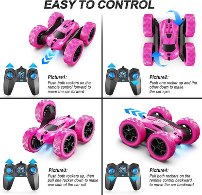 RC Cars, Rose Remote Control Car for Girls, 2.4 GHZ Double Sided RC Stunt Car 360° Rotating Remote Control Crawler with Headlights Car Toys for 6 7 8 9 10 11 12 Girls Birthday Gift