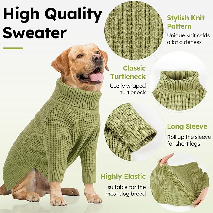 Queenmore Turtleneck Long Sleeve Knitted Sweater with Check Pattern, Fall Winter Warm Sweaters for Small to 3XL Dogs & Cats, Green