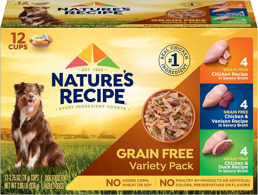 Nature’s Recipe Grain Free Chicken Recipe, Chicken & Venison Recipe and Chicken & Duck Recipe in Savory Broth Variety Pack Wet Dog Food, 12-2.75 oz. Cups, 2 Count