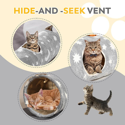 Cat Tunnels for Indoor Cats with Plush Toys Glows in The Dark Dog Cat Tunnel Tube Toys Photoluminescent for Indoor Cats Small Dogs Puppy Kitten Rabbit Bunny Ferret Pet Gray