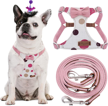 Puppytie No Pull Dog Harness with Multifunction Dog Leash,Soft Adjustable No Choke Escape Proof Pet Harness Vest for Medium Dogs,Polka dots Pink,M