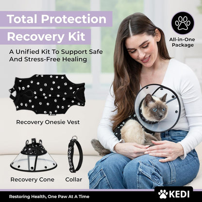 Cat Recovery Cone Kit Post Surgical Soft Pet Vest, Collar, and Non-Irritating Protection Cone for Cats - Comfortable Injury Care Solution (Black with White Paws, Medium)