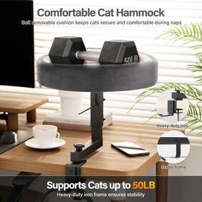 Cat Bed for Desk – Adjustable Metal Cat Bed with Headphone Holder, Scratch-Resistant Pet Shelf for Small Spaces, Modern Desk Cats Perch for Home/Office - Gray