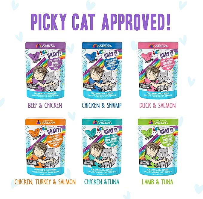 Weruva B.F.F. OMG - Best Feline Friend Oh My Gravy!, Variety Pack, Potluck O' Pouches, Wet Cat Food, 2.8Oz Pouches (Pack of 12)