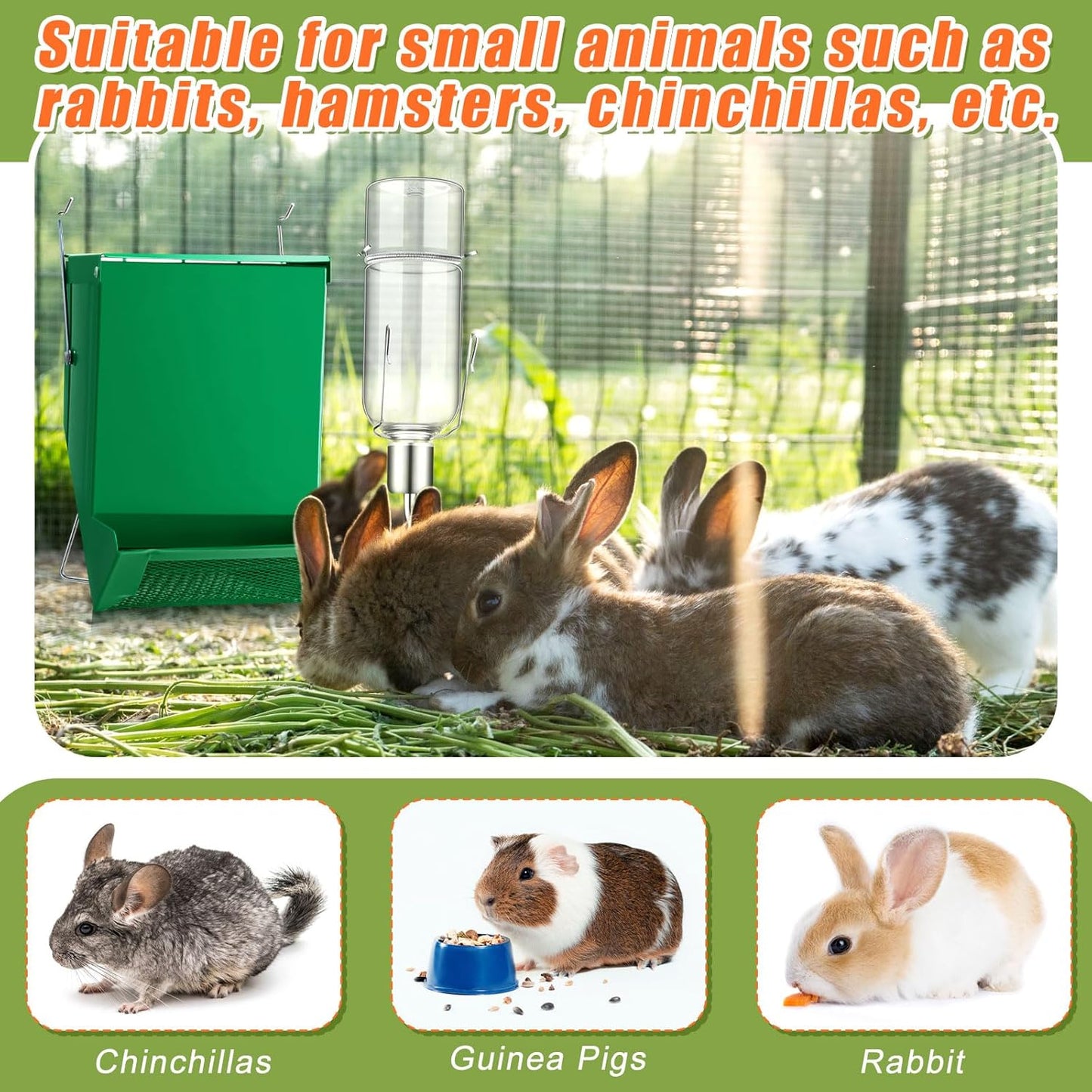 Maxcheck 2 Pack Rabbit Feeder and 12 oz Water Bottle for Cages Pet Food Water Dispenser with Lid Metal Feeders Outside for Guinea Pig Hamsters Chinchillas Gerbils and Other Small Animals(2 Lbs)