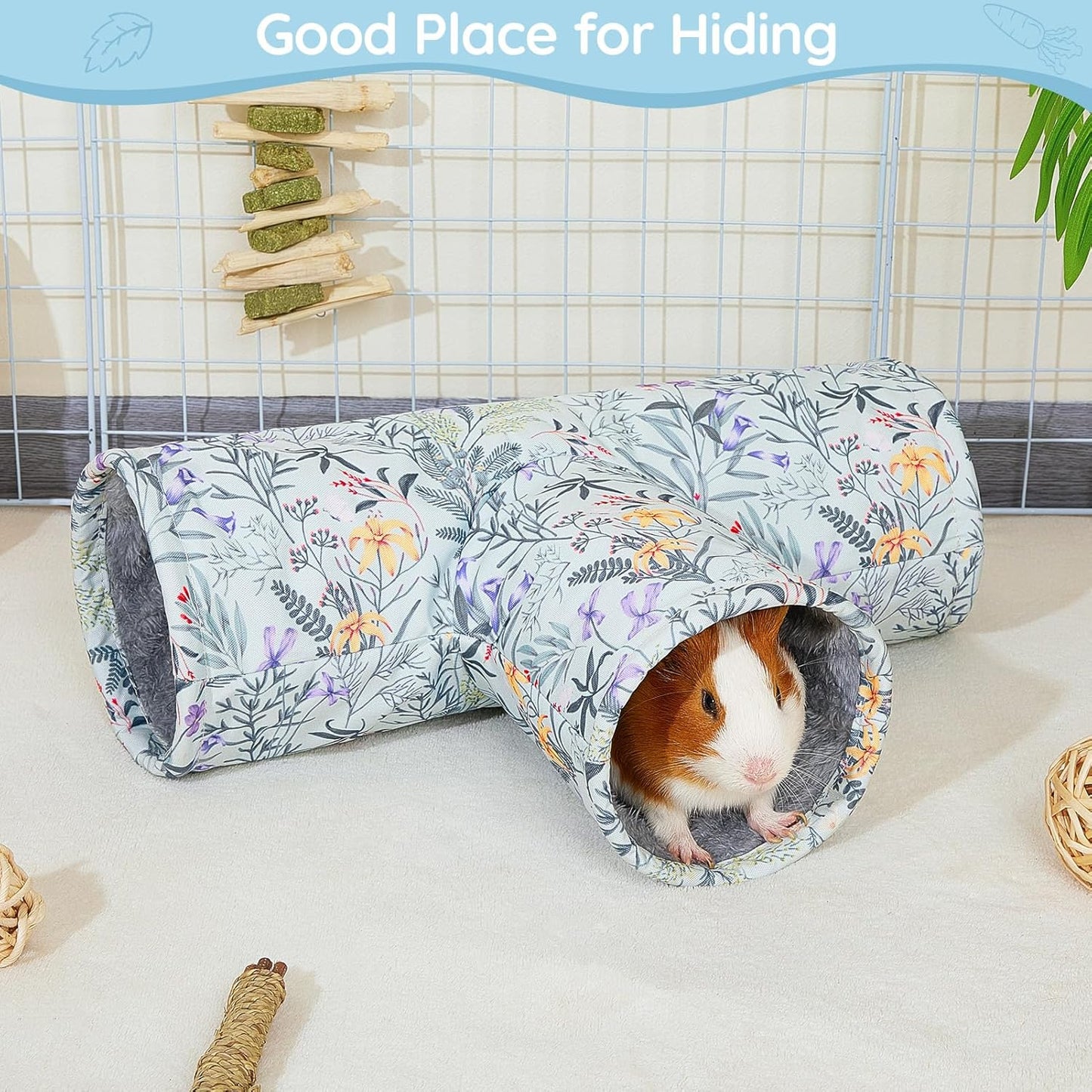 Glittme Guinea Pig Tunnel Washable Guinea Pigs Hideout Portable Rabbit Tunnels Soft Ferret Tunnel for Playing Resting Guinea Pig Accessories for Hedgehogs, Hamster, Flowers and Leaves