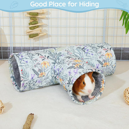 Glittme Guinea Pig Tunnel Washable Guinea Pigs Hideout Portable Rabbit Tunnels Soft Ferret Tunnel for Playing Resting Guinea Pig Accessories for Hedgehogs, Hamster, Flowers and Leaves