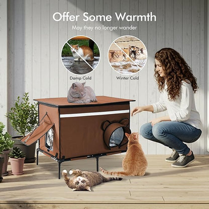 Heated Outdoor cat House for Outside, Weatherproof Insulated Feral Cat Shelter with Timer-Temp Control Heating Pad in Winter, Large Elevated Outdoor Cat House with Zipper, 2 Doors, Safety- Brown