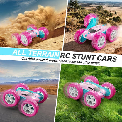RC Cars, Pink Remote Control Car for Girls, 2.4 GHZ Double Sided RC Stunt Car 360° Rotating Remote Control Crawler with Headlights Car Toys for 6 7 8 9 10 11 12 Girls Birthday Gift