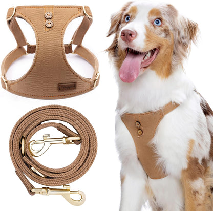 Dog Harness, No Pull Dogs Harness and Multi-Function Leash Set for Medium Dogs Easy Walk Everyday Adjustable Soft Dog Vest Harness Fashionable Dog Accessories Denim Khaki-Button-Relaxed Medium