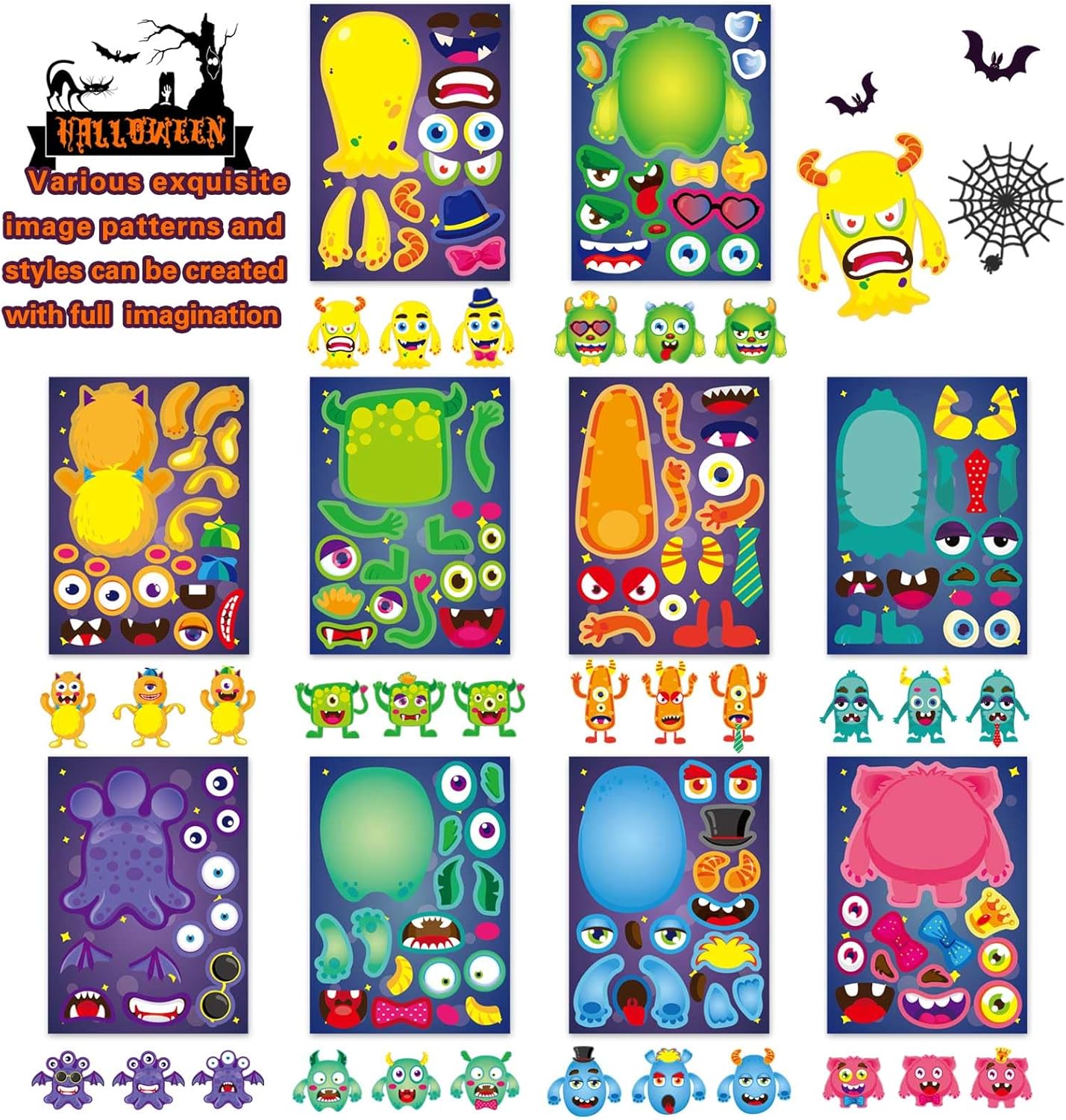 50 Sheets Make a Monster Face Stickers for Kids Make Your Own Little Monster Sticker Sheets Halloween Party Favor Stickers Birthday School Classroom Reward Gift