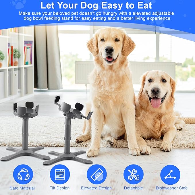 Dog Bowls Elevated Adjustable Stand, Raised Bowl with 3 Heights & Tilted Feeding Stand, Compatible with Various Bowls, for Medium & Large Breeds (2 Pack) Grey