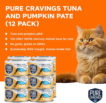 Pure Cravings Tuna and Pumpkin Pate, Canned Wet Cat Food, 100% Mercury-Tested, Moist Can Fish, Grain-Free Protein, Non-GMO, 12 Pack