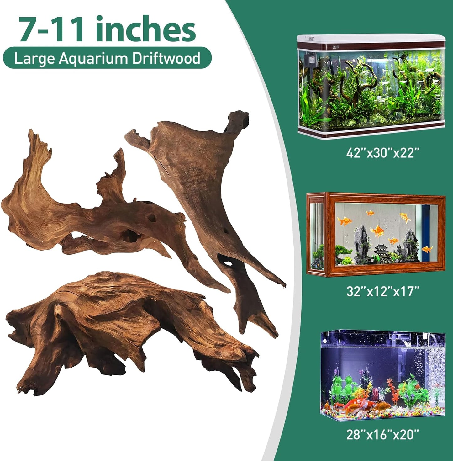 WDEFUN Natural Driftwood Aquarium Decor, 7-11 Inch Large Pieces for Fish Tank, Reptile Accessories, 3-Pack