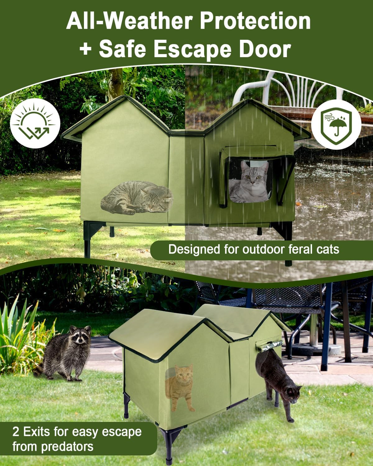Extra Wide Large Cat Houses for Outdoor Cats Weatherproof, Elevated Waterproof Outdoor Cat House, Outside Stray Cat Shelter for Multiple Cats Small Dogs (Green, Unheated)