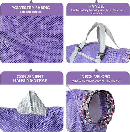 Cinf Cat Bathing Bag(Free Muzzle) Breathable Mesh Anti Scratch Adjustable Cat Grooming Bag for Nail Trimming, Bathing Soft Cat Washing Bag(Taro) L