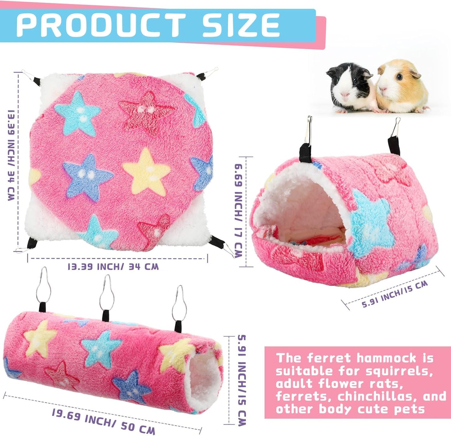 Abbylike 9 Pieces Rat Hammock 3 Tier Guinea Pig Ferret Hammocks Small Pet Hanging Tunnel Glider Toy Guinea Pig Ferret Hideout Bed Cage Accessories for Hamster(Green, Purple, Pink,Star)