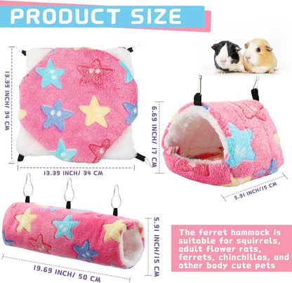 Abbylike 9 Pieces Rat Hammock 3 Tier Guinea Pig Ferret Hammocks Small Pet Hanging Tunnel Glider Toy Guinea Pig Ferret Hideout Bed Cage Accessories for Hamster(Green, Purple, Pink,Star)