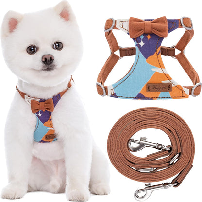 Puppytie No Pull xs Dog Harness with Multifunction Dog Leash,Soft Adjustable No Choke Escape Proof Pet Harness Vest,Suede Bow Brown,XS