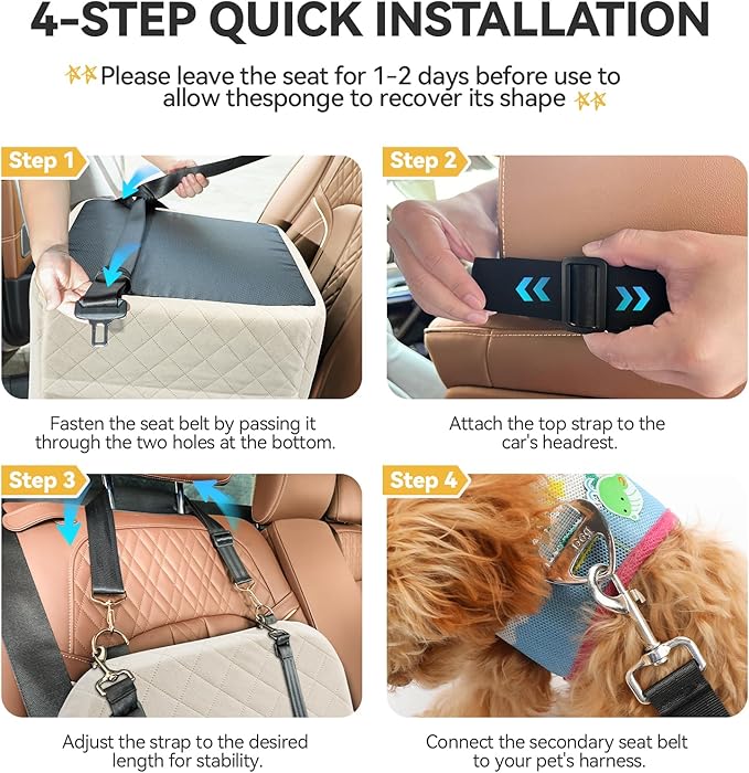 Dog Car Seat for Small Medium Dogs Up to 35lbs, Detachable Washable Soft Pet Booster Travel Bed for Front Seat with Safety Leash Belt (Beige, Medium)