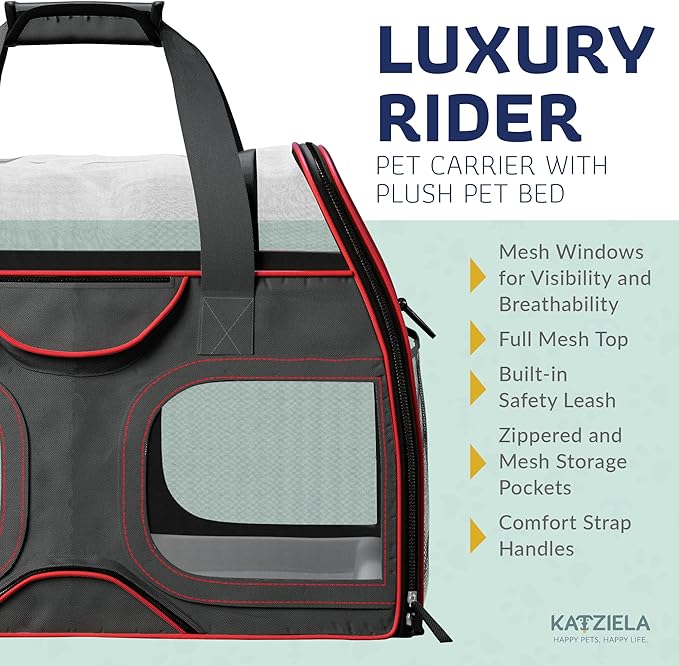TSA and Airline Approved Pet Carrier with Wheels Katziela Luxury Rider for Dogs Cats Removable Base Flexible Top to Fit Under Seat Rolling Travel Bag (Black/Red)
