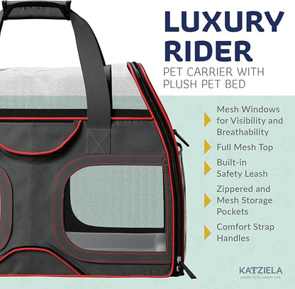 TSA and Airline Approved Pet Carrier with Wheels Katziela Luxury Rider for Dogs Cats Removable Base Flexible Top to Fit Under Seat Rolling Travel Bag (Black/Red)