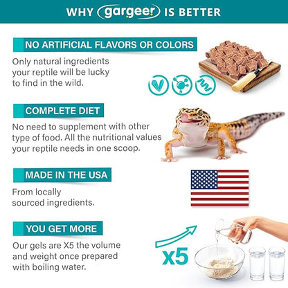 Leopard Gecko Food 3oz. Complete Gel Diet for Both Juveniles and Adults. Proudly Made in The USA, Using Premium Ingredients, Fortified Gourmet Formula. Enjoy!