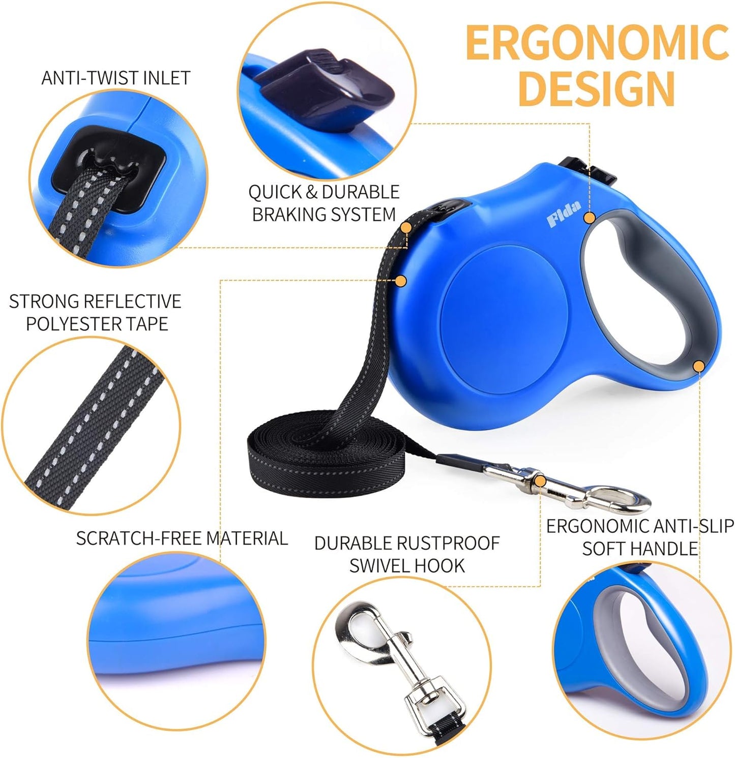 Fida Retractable Dog Leash with Dispenser and Poop Bags, 16 ft Pet Walking Leash for Large Dog up to 110 lbs, Anti-Slip Handle, Tangle Free, Reflective Nylon Tape (L, Blue)