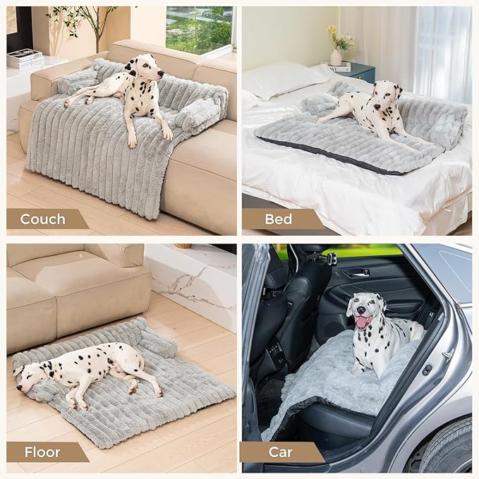 Avont Dog Bed Mat for Couch, Warm Fluffy Calming Sofa Topper Furniture Protector for Small Medium Large Dogs Cats with Removable Washable Cover -Lightgrey(L)