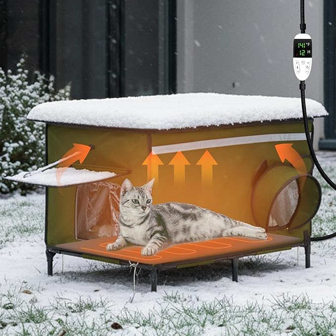 Heated Outdoor cat House for Outside, Weatherproof Insulated Feral Cat Shelter with Timer-Temp Control Heating Pad in Winter, Large Elevated Outdoor Cat House with Zipper, 2 Doors, Safety- Army Green
