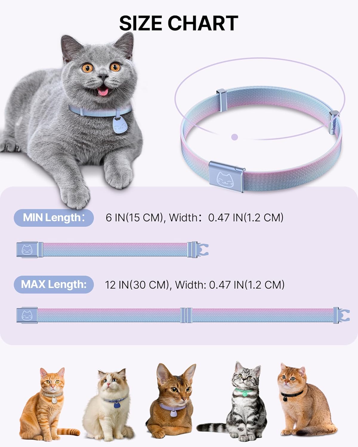 Cat Collar with QR Code Name Tag, Breakaway Kitten Collar for Boy & Girl Cats, Ultra Soft Elastic Adjustable Band, Safety Break Away Buckle, Comfortable & Secure Pet ID Collar (6"-12"), Iridescent