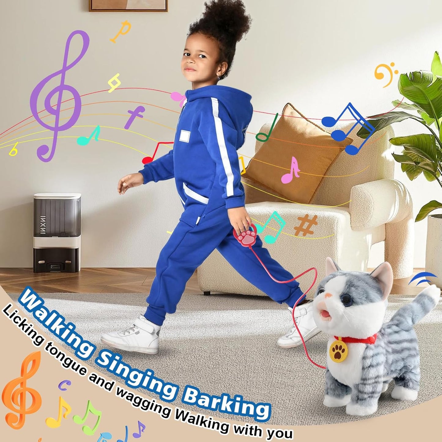 Gray Walking Cat Set Interactive Toy Cat for Girl Repeat What You Say Toy Kitten Talking Singing Dancing Touch Control Robot Cat Toy for Kid with Leash Wagging Tail Nodding Plush Electric Kitty